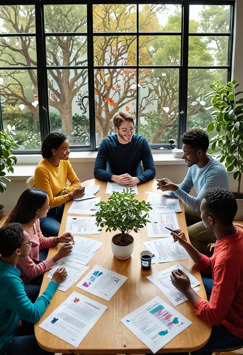 A heartwarming scene depicting a group of diverse people collaborating in a cozy workspace, surrounded by vibrant insurance policy documents and symbols of care like hearts and hands. The background features a large window showing a tree symbolizing growth and partnership. Emphasize an atmosphere of compassion, community, and teamwork. soft colors. inviting mood. illustration.