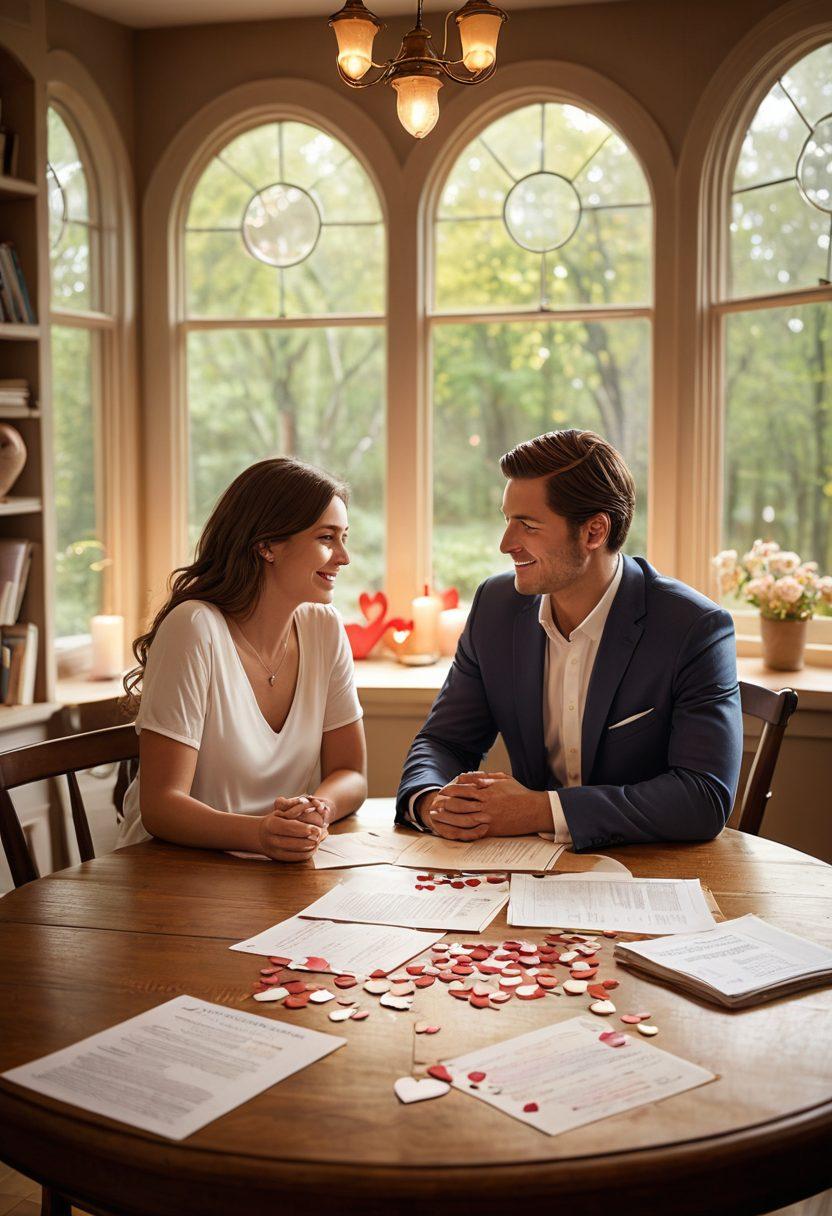 A warm, inviting scene depicting a couple sitting at a table, surrounded by insurance documents and heart-shaped symbols representing love and compassion. In the background, a glowing light symbolizing hope and understanding emanates from a heart-shaped window, casting soft colors throughout the room. The couple is engaged in a supportive conversation, emphasizing the importance of compassionate coverage in relationships. vibrant colors. super-realistic. soft focus.