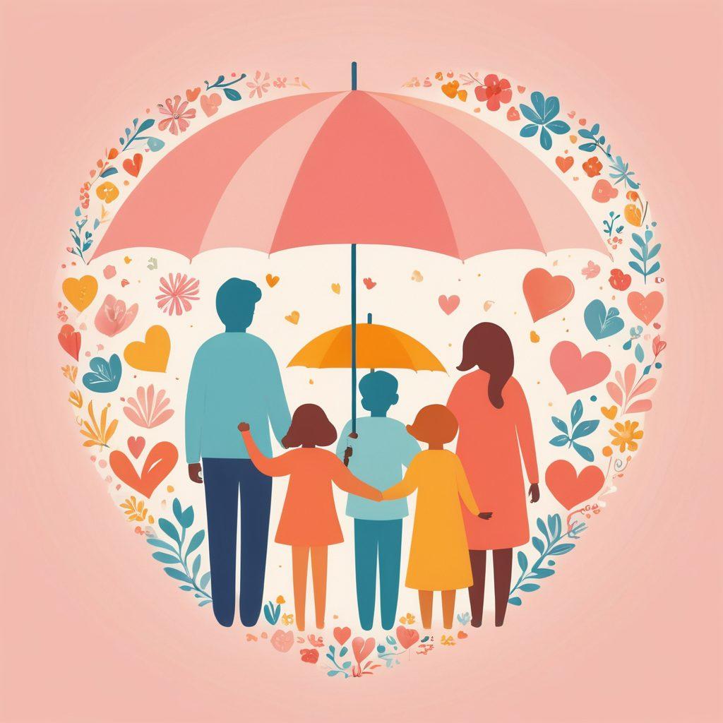 A warm-hearted illustration showing diverse families gathered together, each symbolically represented by heart icons intertwined with various insurance symbols like umbrellas, shields, and life preservers. The scene is filled with comforting pastel colors, portraying a sense of security and connection among them. Include soft lighting that highlights their smiles and interactions, conveying a strong sense of community and care. vector art. vibrant colors. soft background.